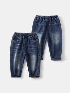 Boys' dark blue washed denim jeans with elastic waistband and vintage faded finish