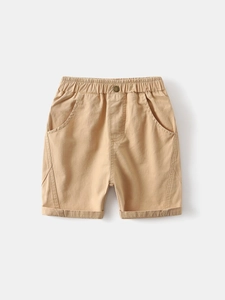 Boy's khaki cotton twill shorts with elastic waist and stylish rolled cuffs for summer