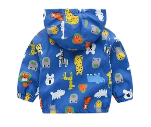 Rear view of royal blue hooded windbreaker for kids with colorful cartoon animal print