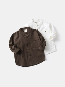 Classic boys V-neck long sleeve cotton linen shirts in dark brown and white colors
