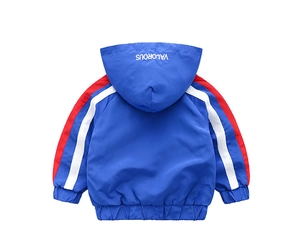 Détail du dos d'une veste à capuche pour garçon avec texte et manches rayées sport