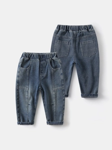 Classic dark blue washed boys denim pants with elastic waist in front and back view