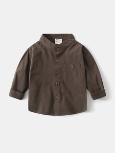 Classic brown boys long sleeve shirt with mandarin collar and chest pocket detail