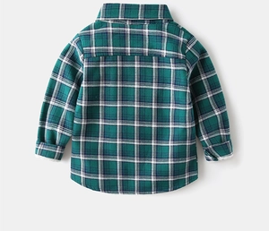 Detail view of the back of a green plaid fleece-lined winter shirt for boys
