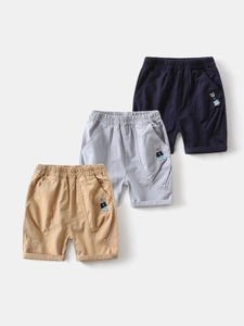 Three pairs of boys cotton shorts in navy, grey, and khaki with cute bear embroidery