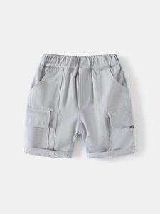 Boy's light grey cotton cargo shorts with elastic waist and Good Day embroidery detail