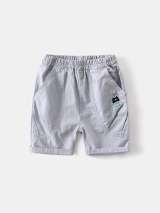 Boys summer cotton shorts in light grey featuring a cute bear embroidery and elastic waist