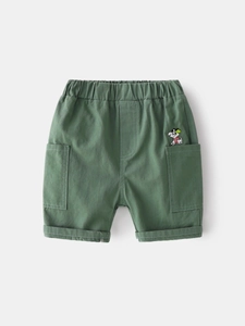 Grass green boys cotton cargo shorts with elastic waist and cute puppy embroidery