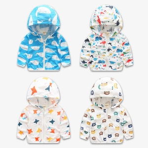 Boys Cartoon Animal Print Hooded Sun Protection Jacket Lightweight Windbreaker Casual Summer Coat Zipper Outwear For Kids
