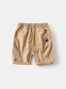 Boys khaki cotton shorts with bear embroidery and elastic waist for summer wear