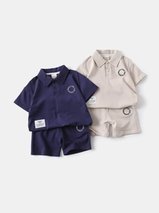 Toddler boys two-piece cotton polo shirt and shorts set in navy blue and oatmeal color