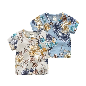 Boys Retro Floral Print Cotton T-Shirt Summer Short Sleeve Casual Round Neck Top For Kids Boys Breathable Tee