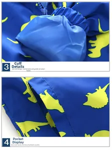 Detail of blue boys jacket with yellow dinosaur print, elastic cuffs and side pockets