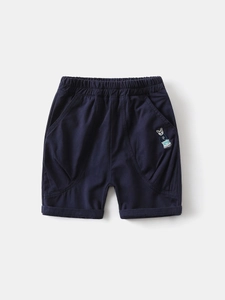 Dark blue boys shorts with elastic waist and bear embroidery on white background