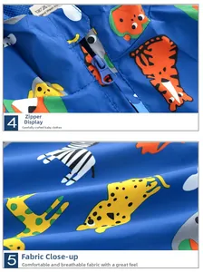 Detailed macro view of the navy blue cartoon animal print fabric and durable zipper closure