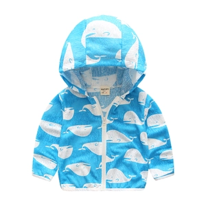 Sky blue kids hooded windbreaker with white whale print and front zipper closure