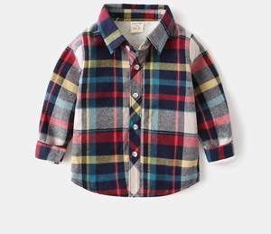 Close-up of winter boy's plaid shirt showing thick white sherpa fleece lining and texture