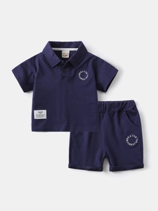 Toddler boys navy blue polo shirt and shorts set with white letter prints