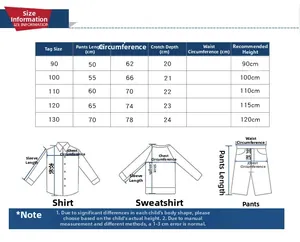 Detailed size chart for children's striped pants and shirt outfits with measurements