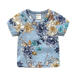 Blue short-sleeve boys' cotton T-shirt with vintage yellow and navy floral prints