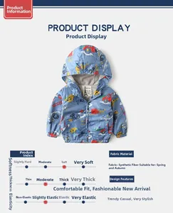 Detail view of boys cartoon hooded jacket in blue with car prints and soft fabric
