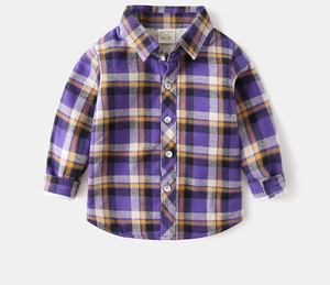 Detailed view of the warm fleece lining on a boys' purple plaid long sleeve shirt