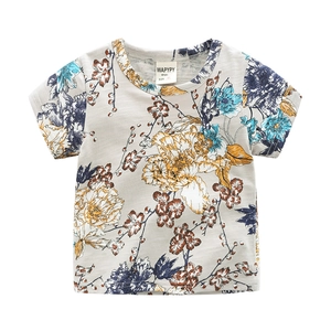 Classic light grey boy's cotton t-shirt featuring vintage floral print and short sleeves