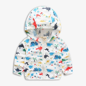 Lightweight cartoon dinosaur hooded jacket for boys with breathable white textured fabric