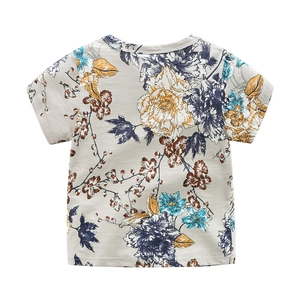 Back view of boys' short sleeve T-shirt with vintage floral print on gray fabric