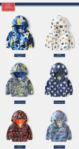 Collage of toddler hooded windbreakers featuring various cartoon prints and zip-up details