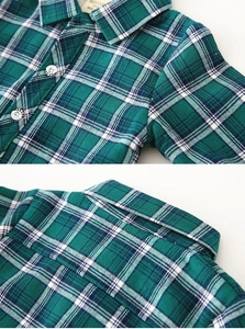 Detail of green plaid winter shirt showing fleece lining and white fashion buttons