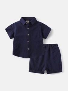 Kids navy short sleeve cotton set with lapel button shirt and elastic shorts
