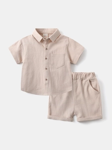Boys summer two-piece cotton linen set featuring a short-sleeve shirt and matching shorts
