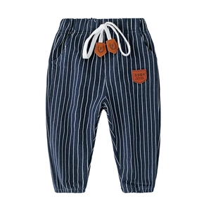 Kids navy vertical striped jogger pants with elastic drawstring waist and leather patch