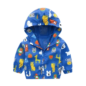Kids royal blue hooded windbreaker jacket with cartoon animal prints and mesh lining