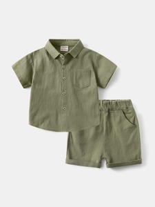 Green cotton linen kids summer set with short sleeve polo shirt and matching shorts