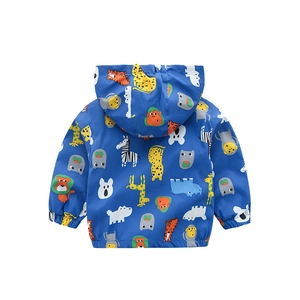 Kids hooded windbreaker jacket with blue cartoon animal print and elastic cuffs