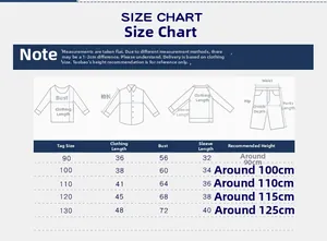 Detailed size chart for kids plaid shirts with length, bust, and sleeve measurements