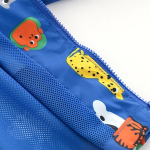 Kids blue cartoon zip-up jacket with breathable mesh lining and animal print pattern