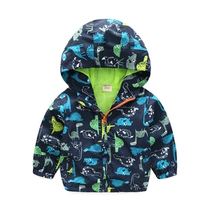 Boys hooded windbreaker with navy blue cartoon dinosaur print and orange zipper