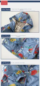 Detail of blue cartoon vehicle print jacket with breathable mesh lining and ribbed cuffs
