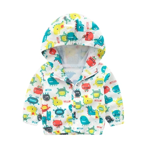 Kids hooded windbreaker with colorful cartoon monster prints and breathable mesh lining