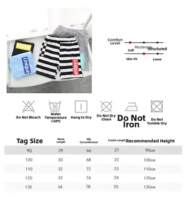 Detailed size guide for boys cotton shorts with washing care and measurements