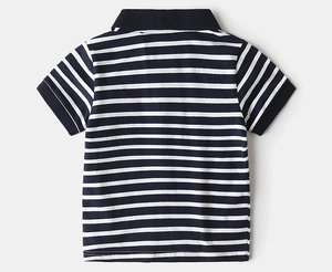 Rear view of striped cotton polo shirt for boys with navy and white nautical patterns