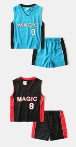 Detail view of boys mesh basketball sets in blue and black with Magic 8 printing