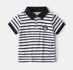 Close-up of kids striped cotton polo shirt with nautical sailboat embroidery detail