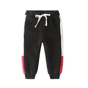 Boys black fleece joggers with red side panels and white drawstring sports pants