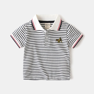Boys striped short sleeve cotton polo shirt with airplane embroidery and contrast collar