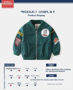 Detail of dark green boys' bomber jacket with military embroidery and ribbed collar