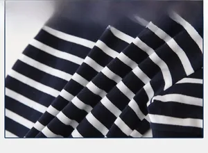 Macro shot of navy blue and white striped knit fabric texture for kids polo shirt